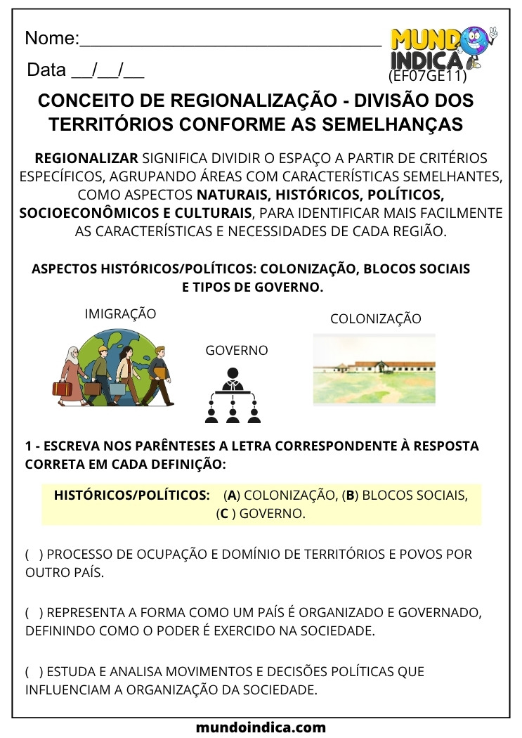 Atividade de Geografia sobre Regionalização e Aspectos Históricos e Políticos para o 7º Ano para Imprimir