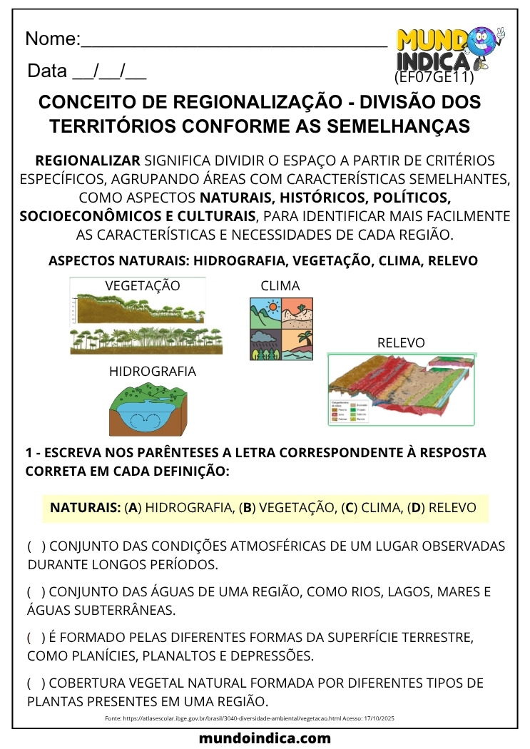 Atividade de Geografia sobre Regionalização e Aspectos Naturais para o 7º Ano para Imprimir