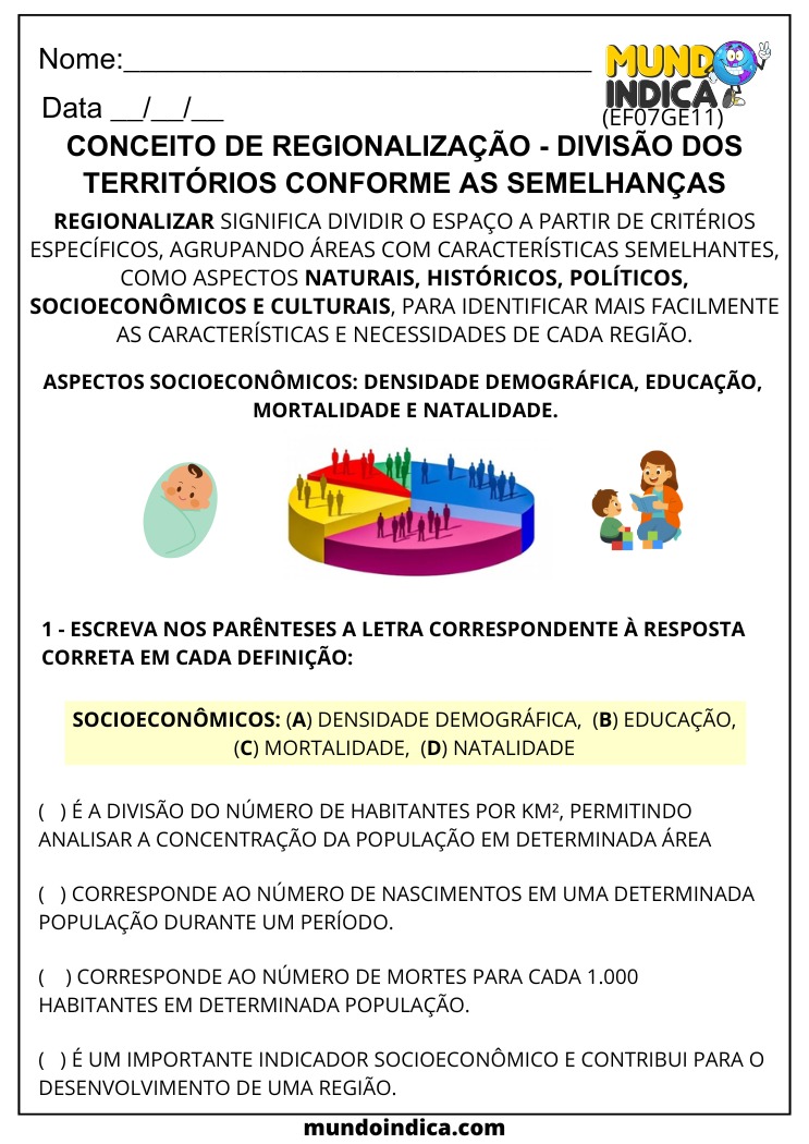Atividade de Geografia sobre Regionalização e Aspectos Socioeconômicos para o 7º Ano para Imprimir