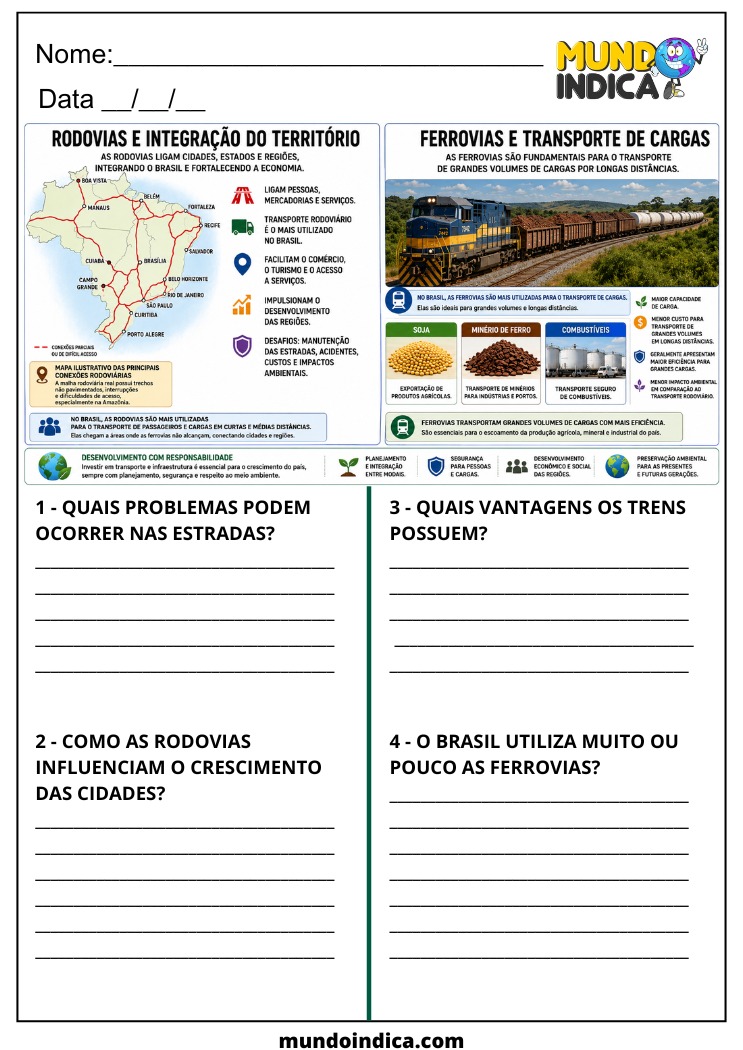 Atividade de Geografia sobre Rodovias, Estradas e Ferrovias no Brasil para o 7º Ano para Imprimir