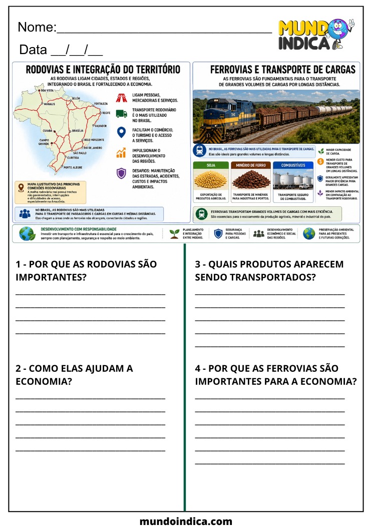 Atividade de Geografia sobre Rodovias, Ferrovias e Transporte de Cargas para o 7º Ano para Imprimir
