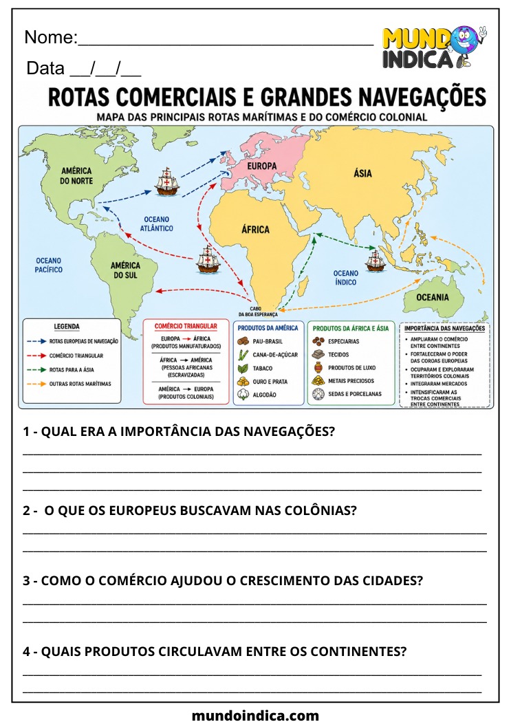 Atividade de Geografia sobre Rotas Comerciais e Grandes Navegações para o 7º Ano EF07GE05