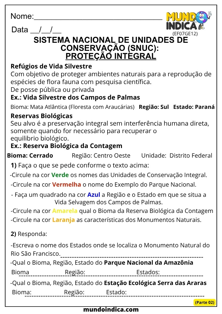 Atividade de Geografia sobre SNUC Proteção Integral e Reservas Biológicas Parte 2 para o 7º Ano EF07GE12