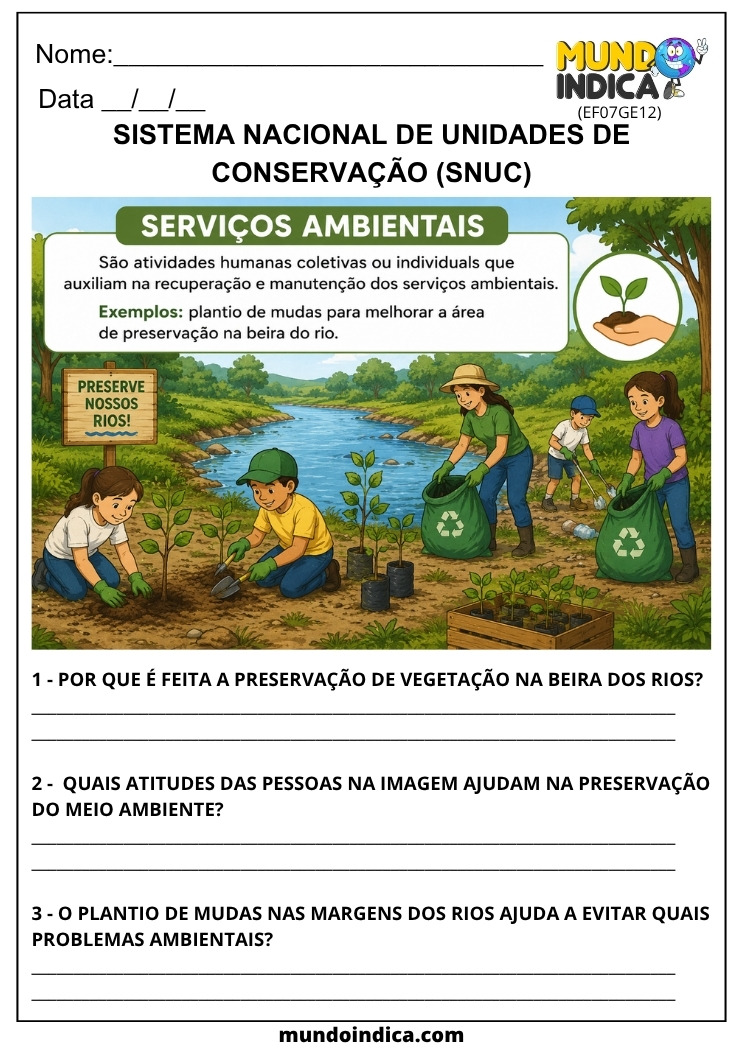 Atividade de Geografia sobre SNUC Serviços Ambientais e Preservação dos Rios para o 7º Ano EF07GE12