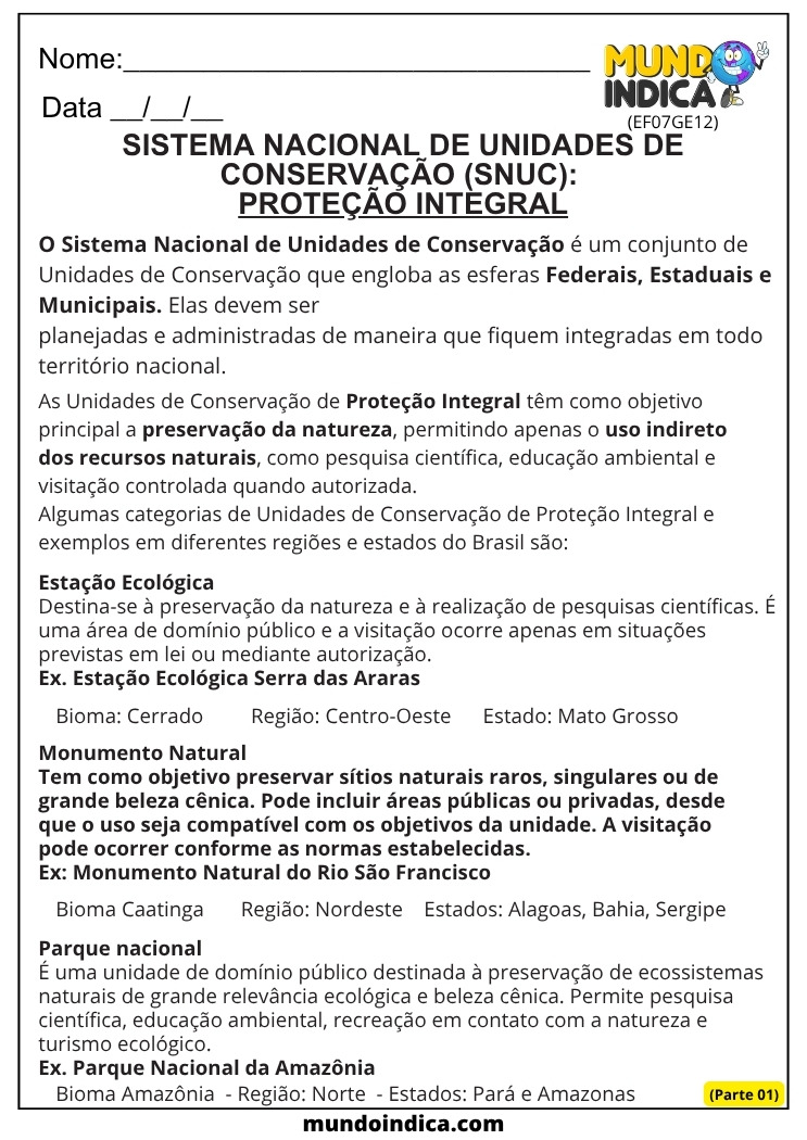 Atividade de Geografia sobre SNUC e Unidades de Conservação de Proteção Integral Parte 1 para o 7º Ano EF07GE12