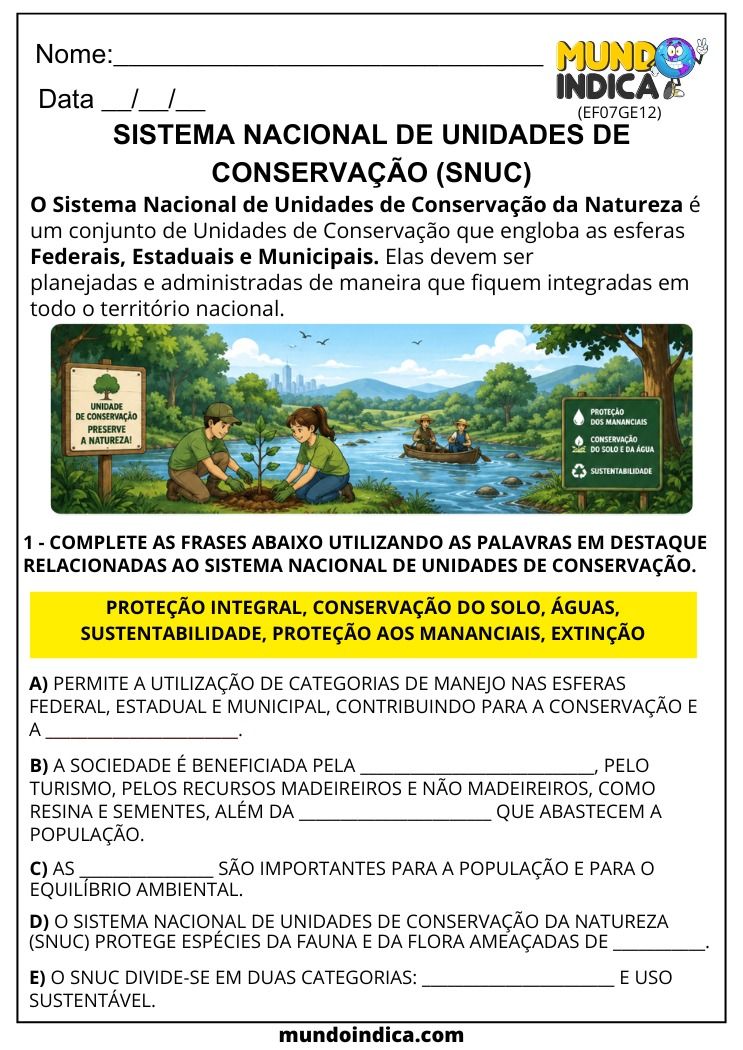 Atividade de Geografia sobre Sistema Nacional de Unidades de Conservação SNUC para o 7º Ano EF07GE12