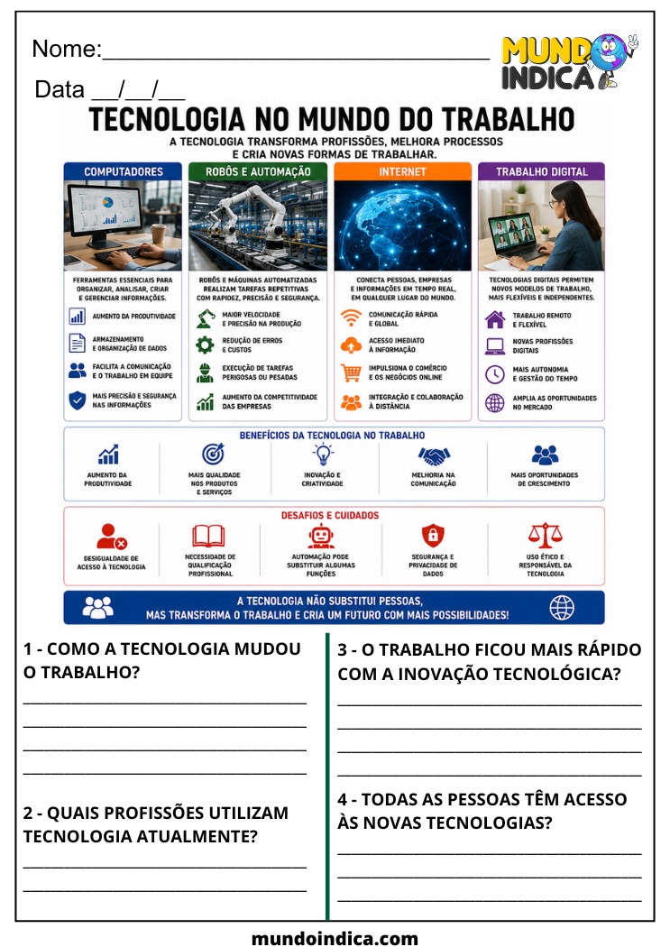 Atividade de Geografia sobre Tecnologia e Inovação no Trabalho para o 7º Ano para Imprimir