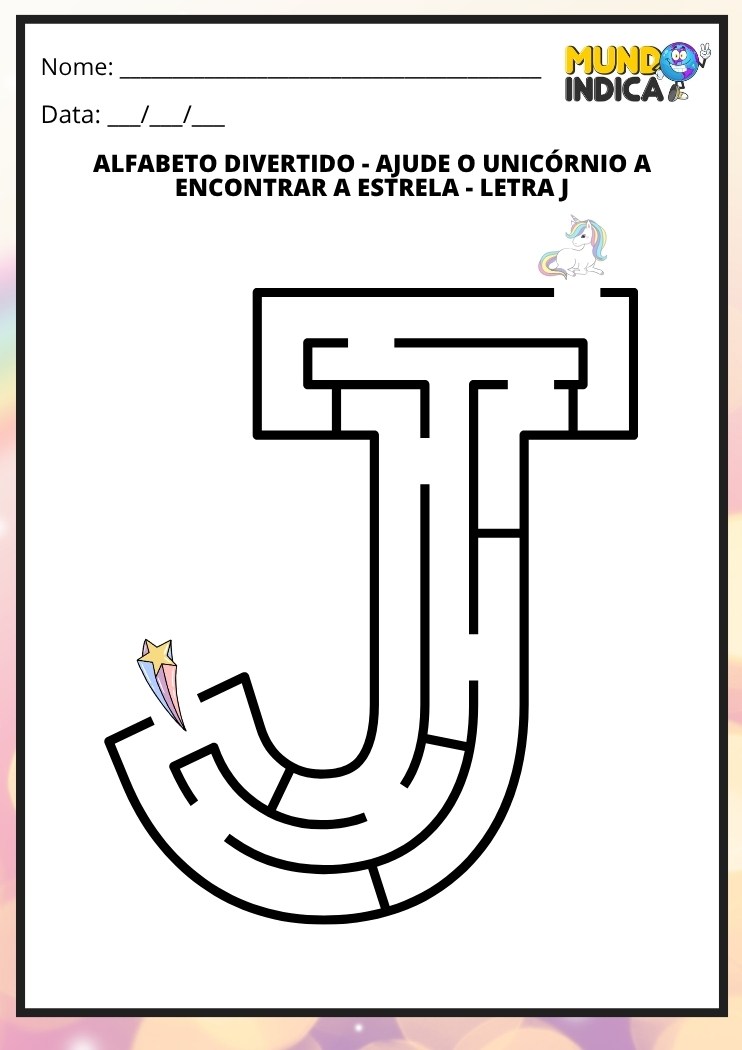 Labirinto em formato da letra J maiúscula para alfabetização
