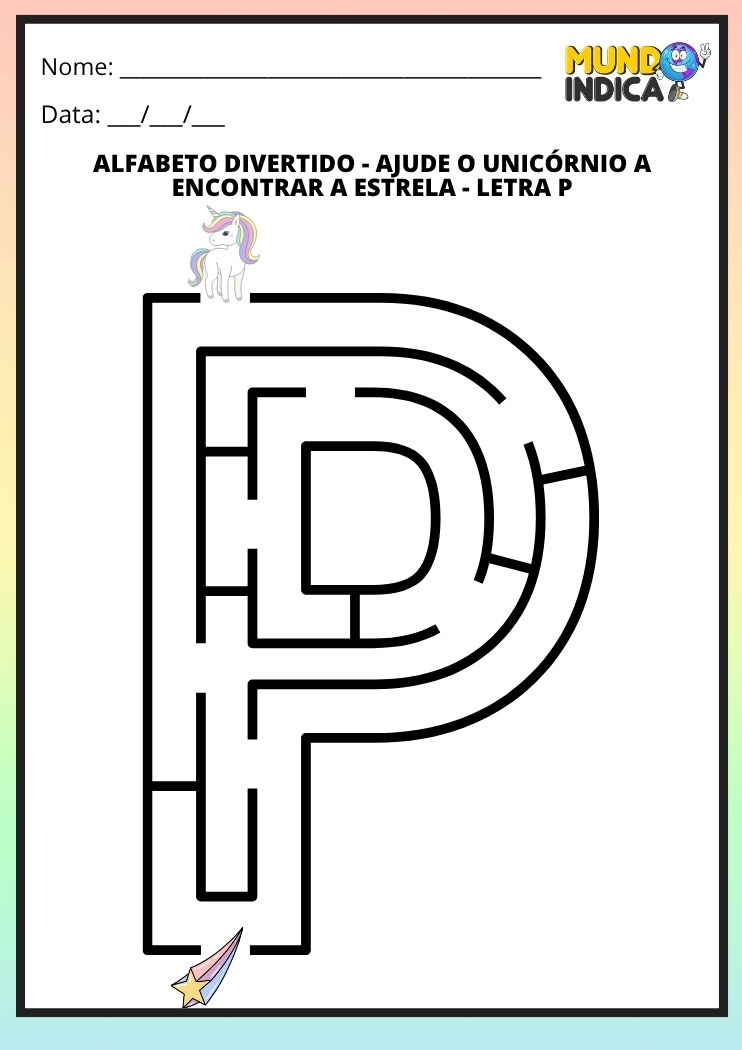 Labirinto em formato da letra P maiúscula para alfabetização