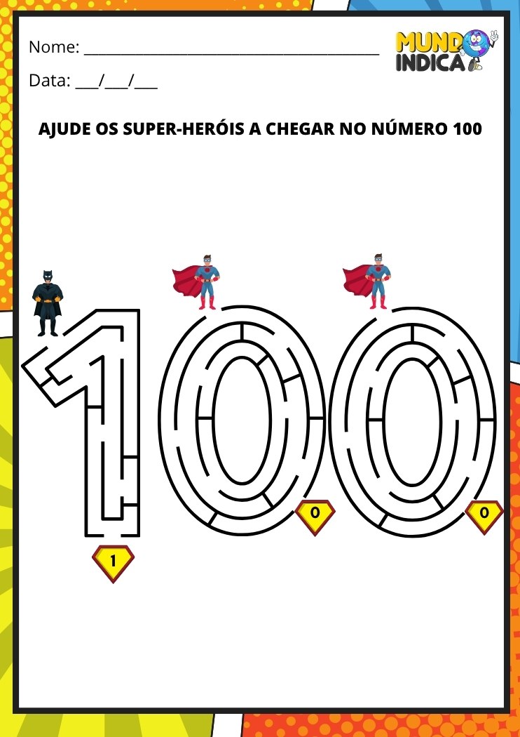 Labirinto em formato do número 100 para imprimir