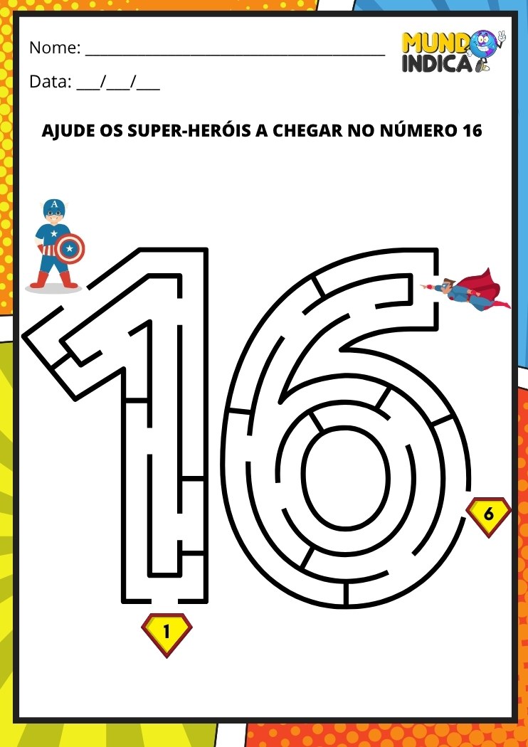 Labirinto em formato do número 16 para imprimir