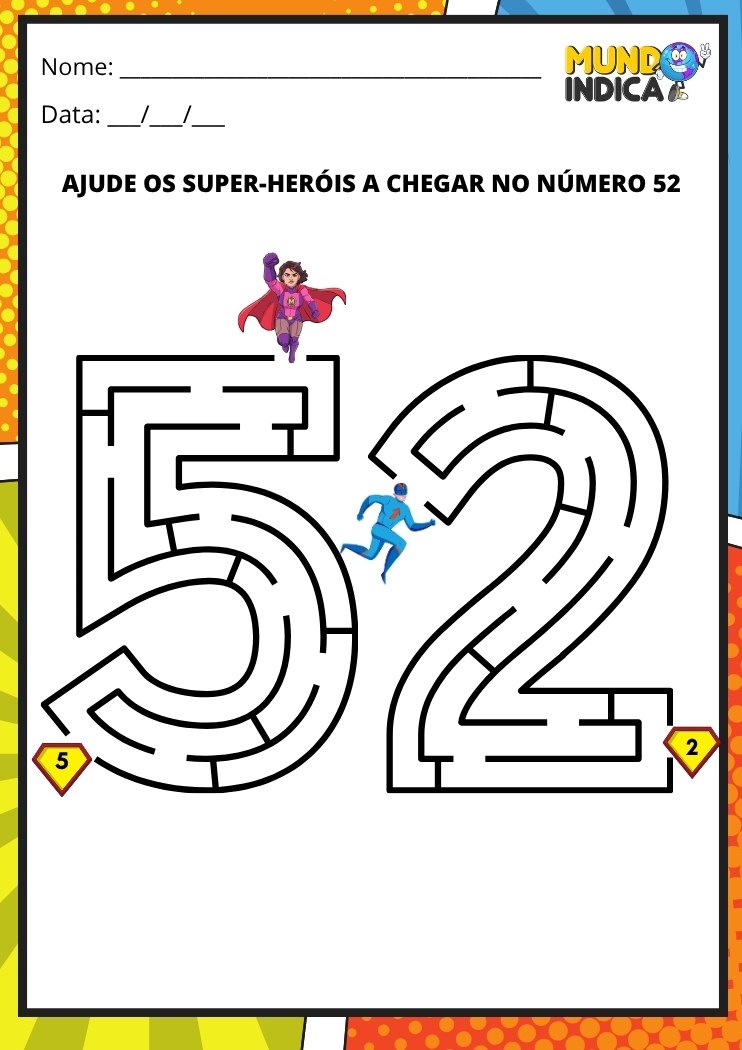 Labirinto em formato do número 52 para imprimir