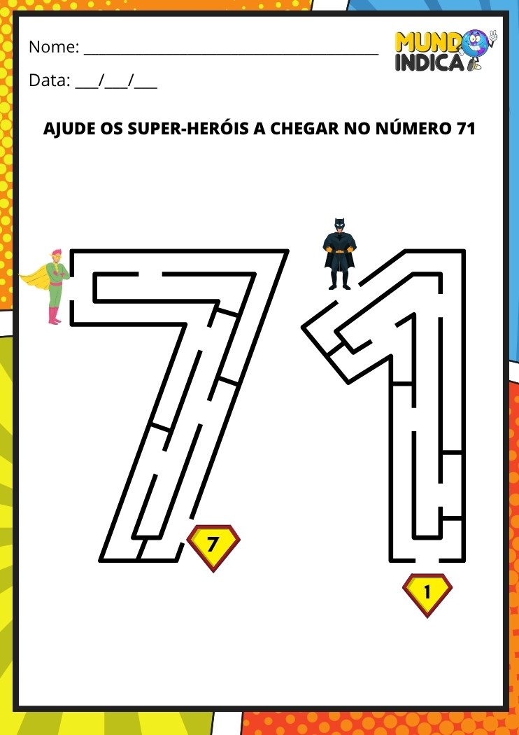 Labirinto em formato do número 71 para imprimir