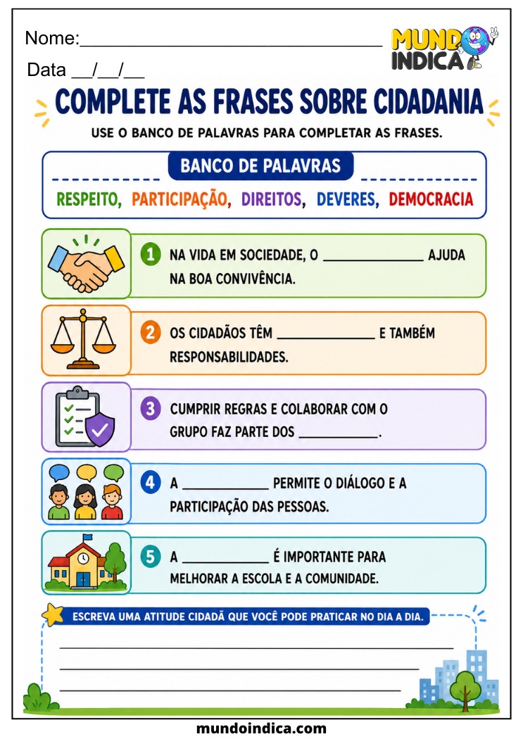 Atividade para Completar Frases sobre Cidadania