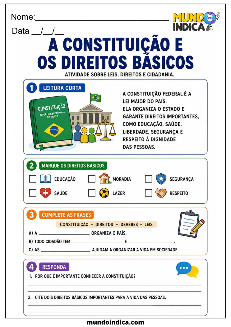 Atividade sobre Constituição e Direitos Básicos para Imprimir
