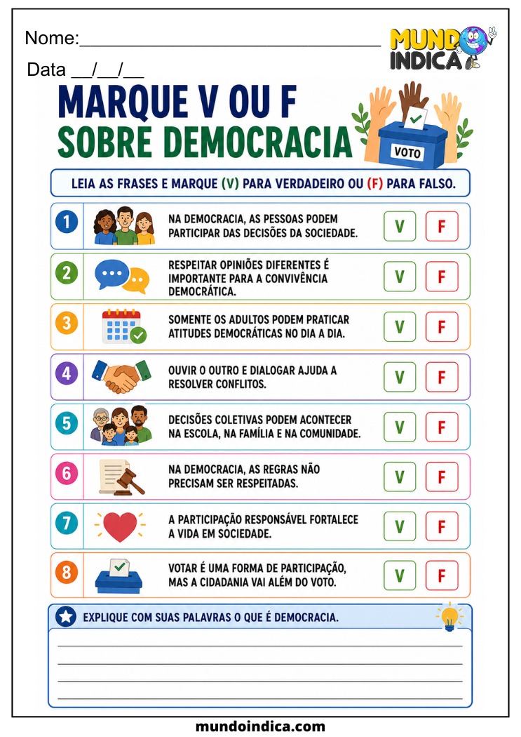 Atividade sobre Democracia com Verdadeiro ou Falso