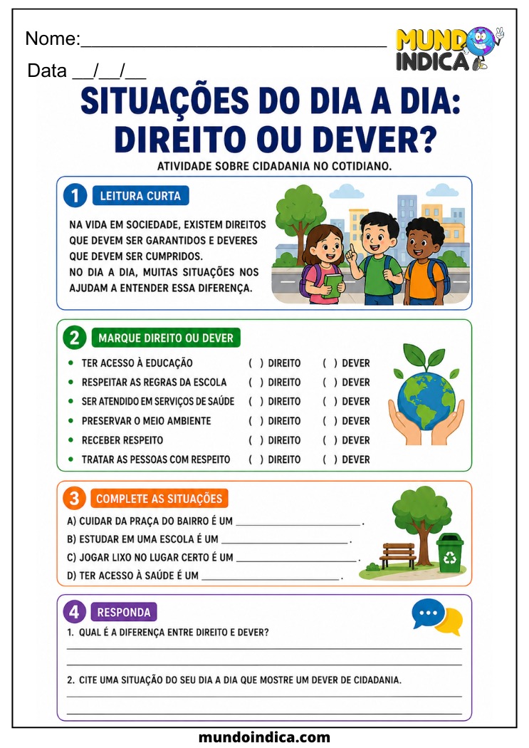 Atividade sobre Direito ou Dever no Dia a Dia para Imprimir