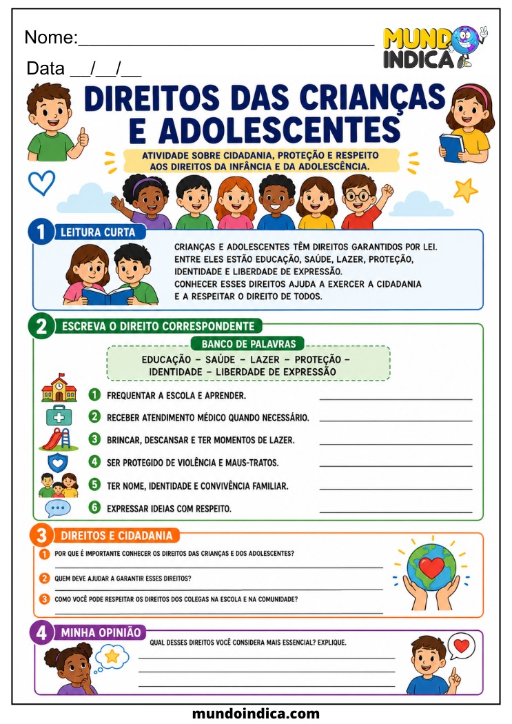 Atividade sobre Direitos das Crianças e Adolescentes para Imprimir