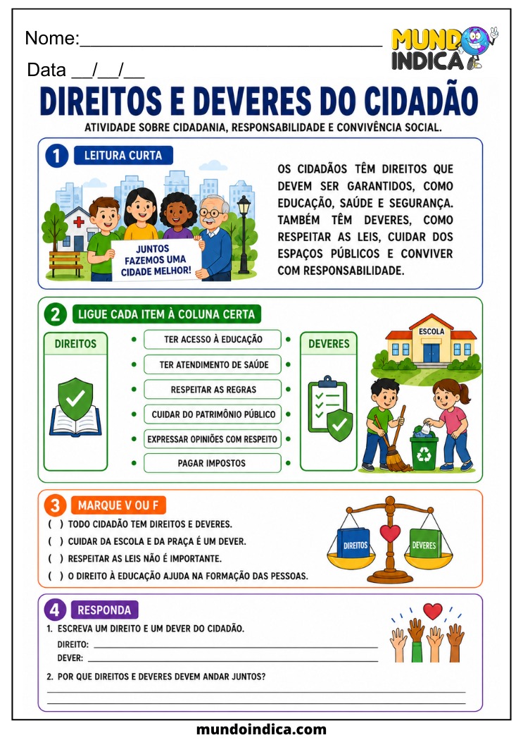 Atividade sobre Direitos e Deveres do Cidadão para Imprimir