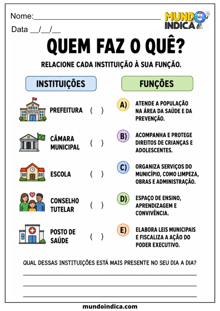 Atividade sobre Instituições Públicas e Direitos da Criança para Imprimir