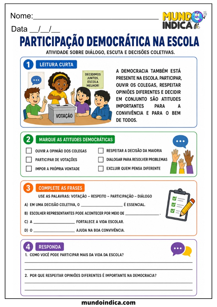 Atividade sobre Participação Democrática na Escola