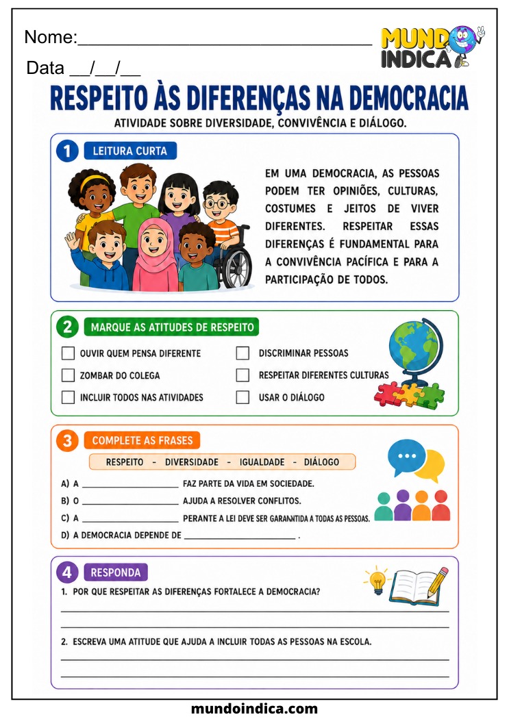 Atividade sobre Respeito às Diferenças e Direitos para Imprimir