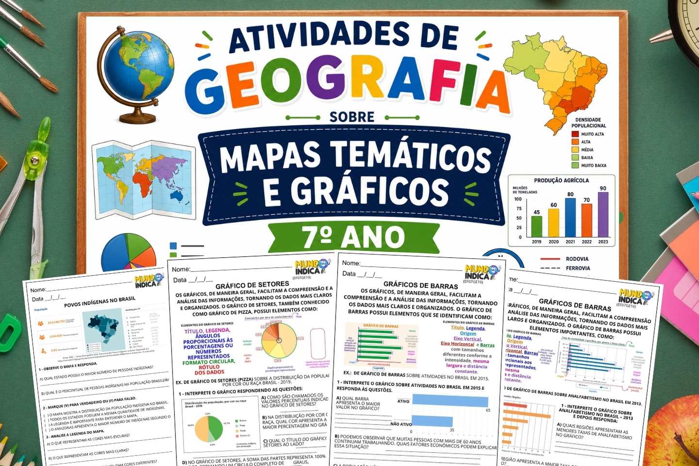 Atividades de Geografia sobre Mapas Temáticos e Gráficos para o 7º Ano para Imprimir