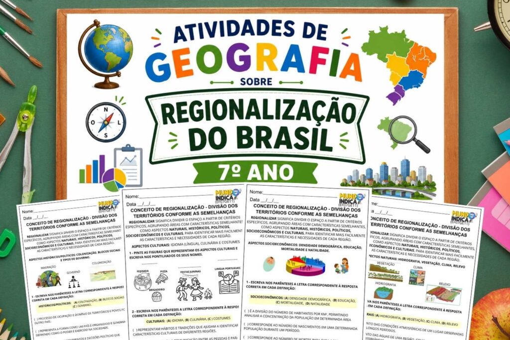 Atividades de Geografia sobre Regionalização do Brasil para o 7º Ano para Imprimir