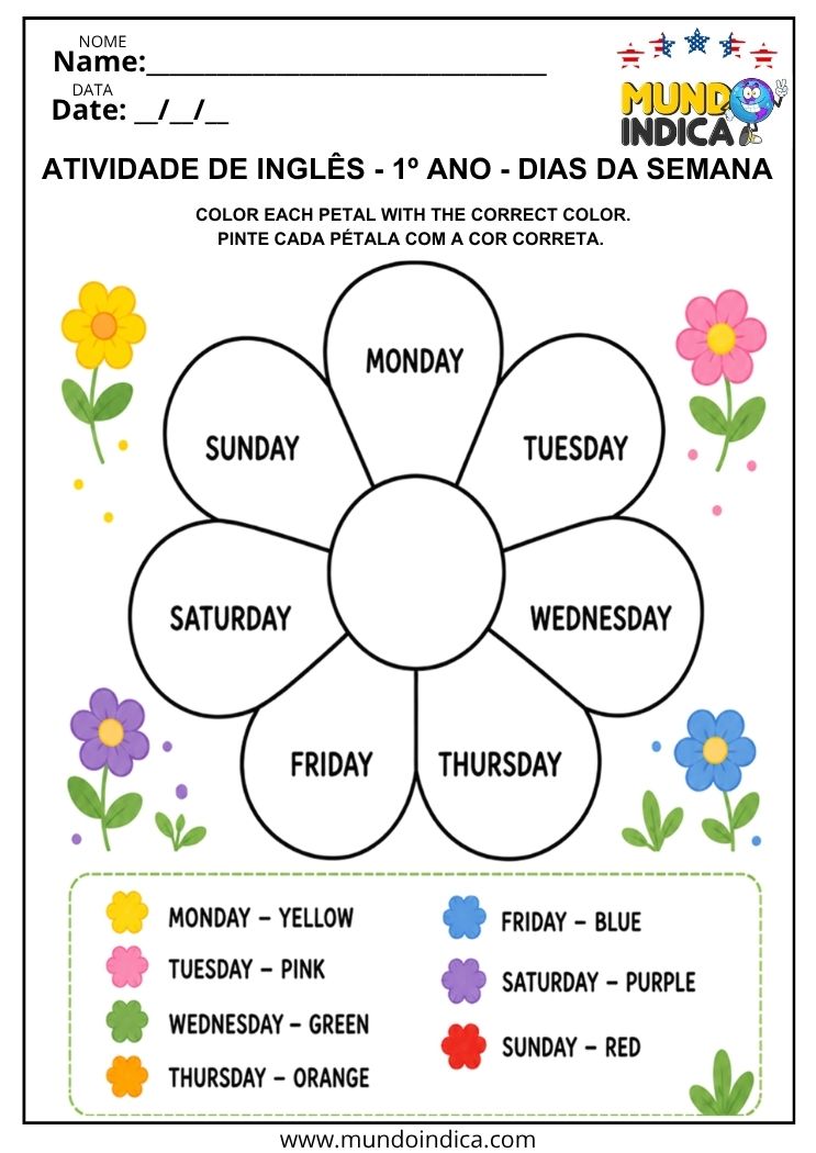 Atividade de Inglês 1º Ano sobre Dias da Semana para Colorir conforme a Legenda de Cores em Inglês