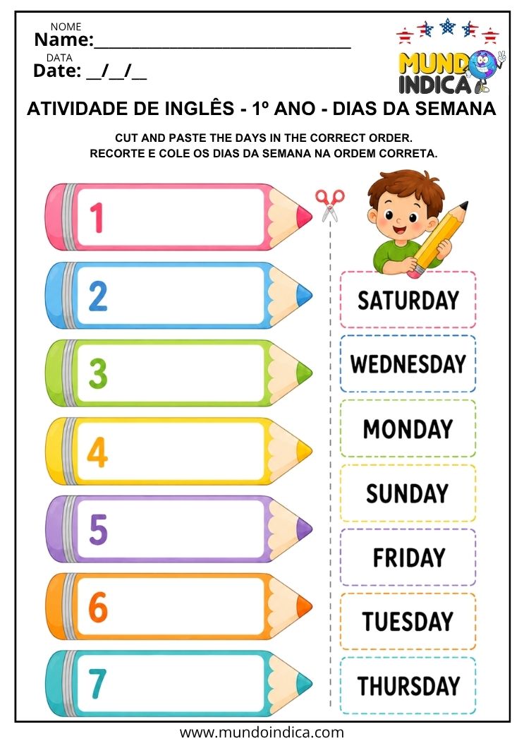 Atividade de Inglês 1º Ano sobre Dias da Semana para Recortar e Ordenar