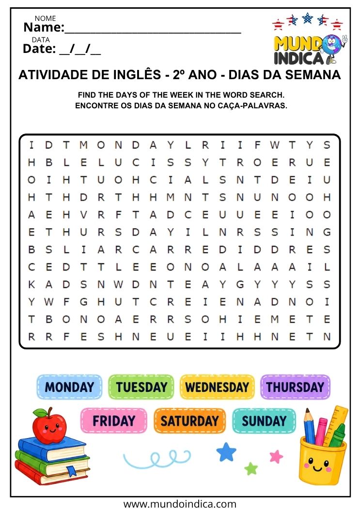 Atividade de Inglês 2º Ano com Caça-Palavras dos Dias da Semana