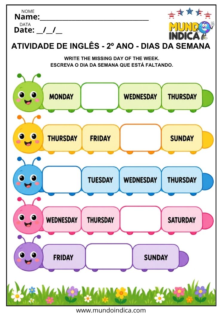 Atividade de Inglês 2º Ano para Completar a Sequência dos Dias da Semana