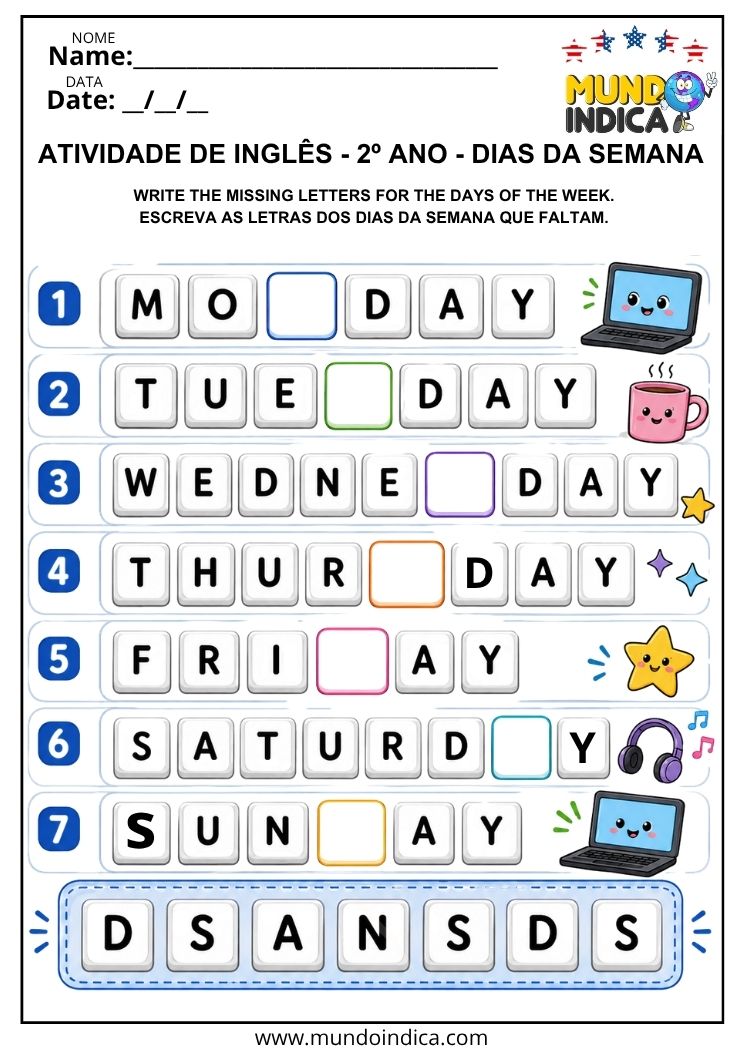 Atividade de Inglês 2º Ano para Completar os Dias da Semana em Inglês