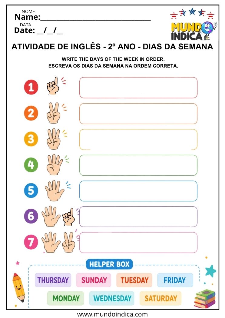 Atividade de Inglês 2º Ano para Escrever os Dias da Semana em Ordem