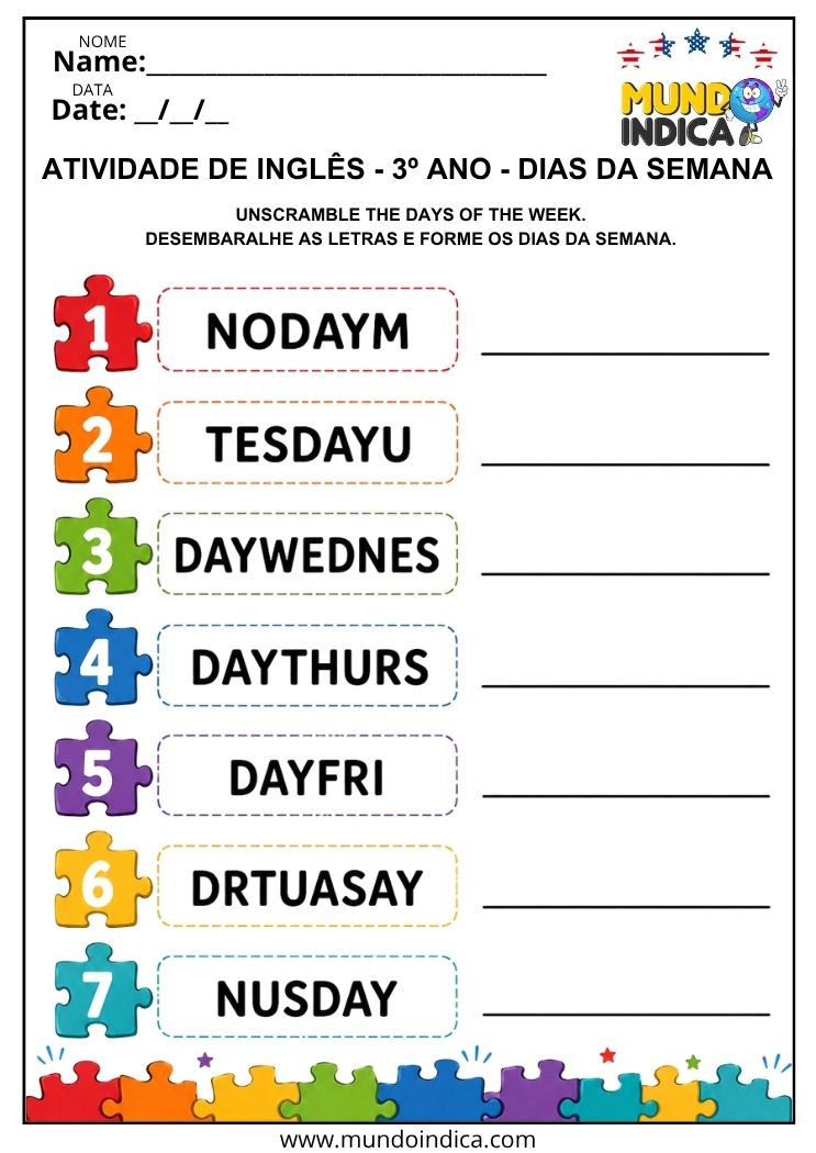 Atividade de Inglês 3º Ano para Desembaralhar os Dias da Semana