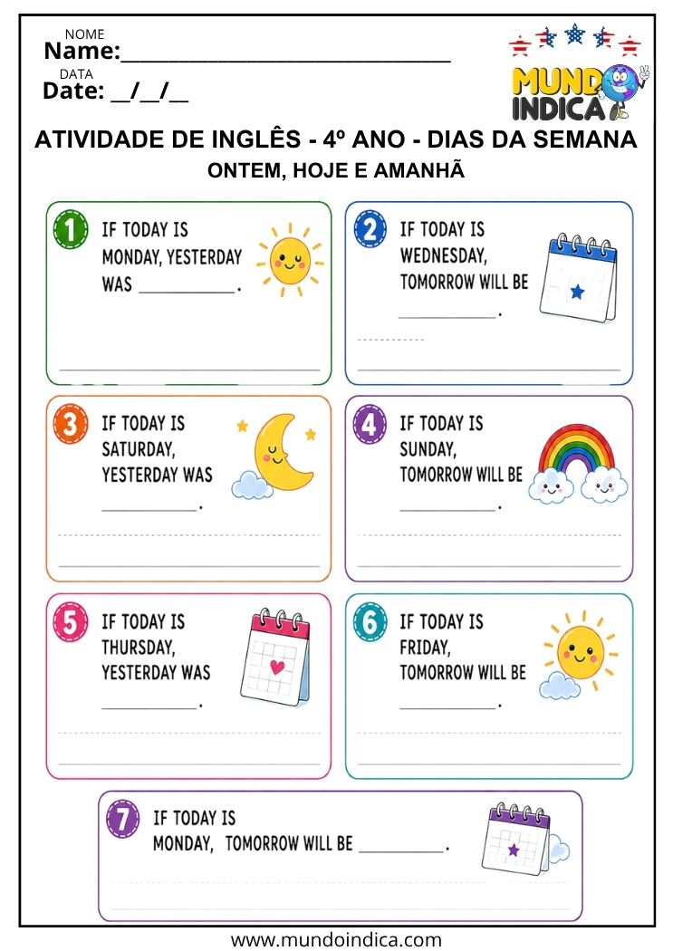 Atividade de Inglês 4º Ano sobre Dias da Semana, Ontem, Hoje e Amanhã