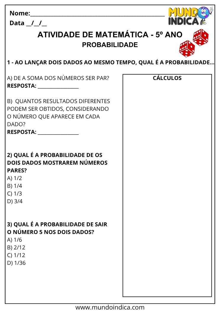 Atividade de Matemática 5º Ano para Calcular Probabilidades com Dados