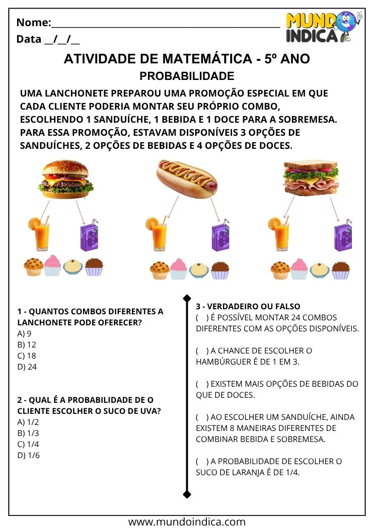 Atividade de Probabilidade 5º Ano com Combinações de Lanches para Imprimir