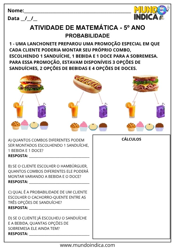 Atividade de Probabilidade 5º Ano com Combos e Eventos Equiprováveis para Imprimir