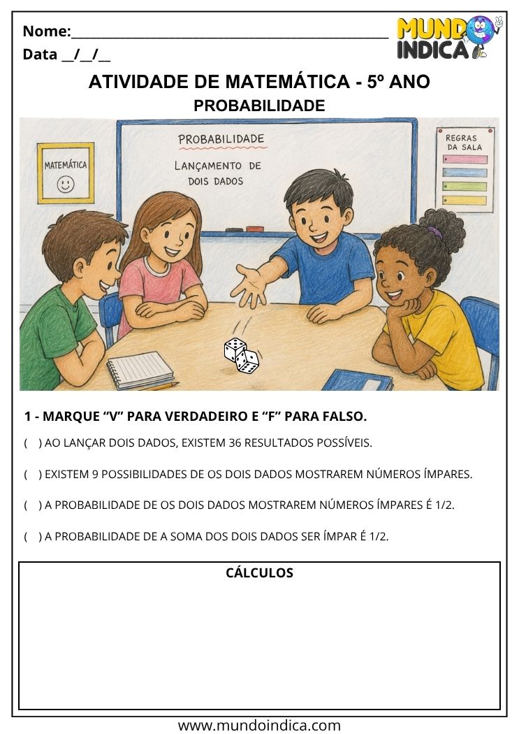 Atividade de Probabilidade 5º Ano com Lançamento de Dois Dados para Imprimir