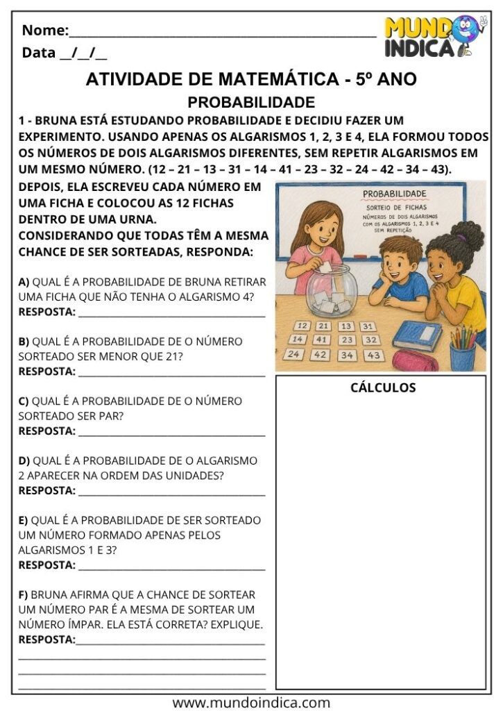 Atividade de Probabilidade 5º Ano com Sorteio de Fichas em uma Urna para Imprimir