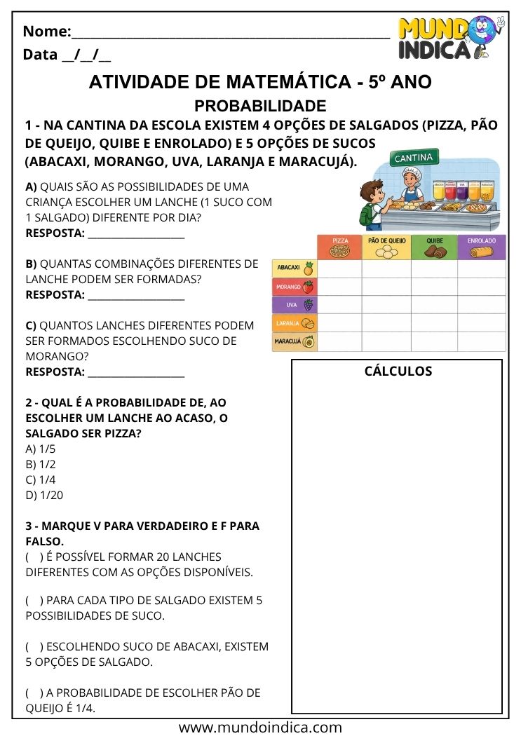 Atividade de Probabilidade 5º Ano com Tabela de Possibilidades para Imprimir