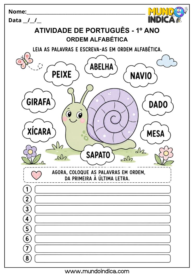 Atividade de ordem alfabética para 1º ano para imprimir 2