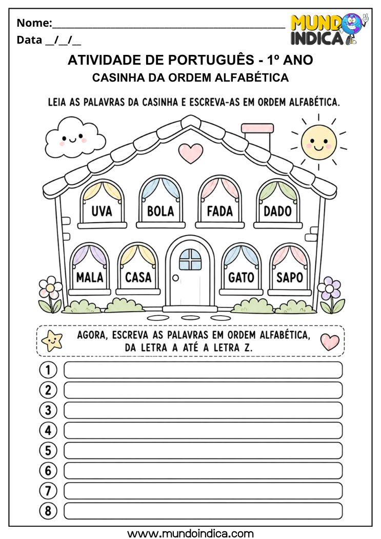 Atividade de ordem alfabética para 1º ano para imprimir