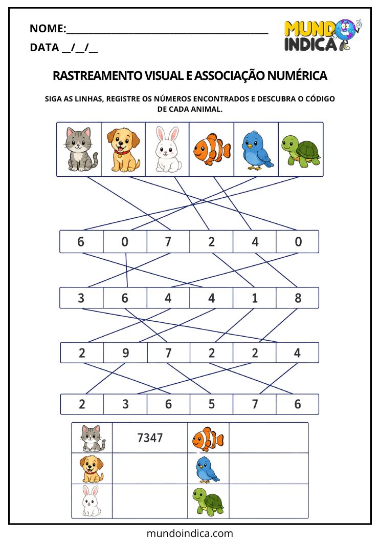 Atividade de rastreamento visual com animais e números para estimular a atenção, a concentração e a percepção espacial