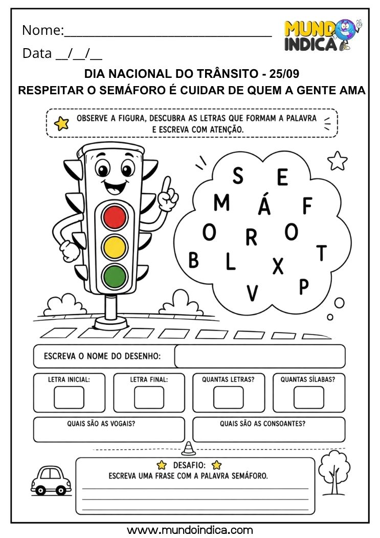 Atividade para o Dia Nacional do Trânsito para Educação Infantil