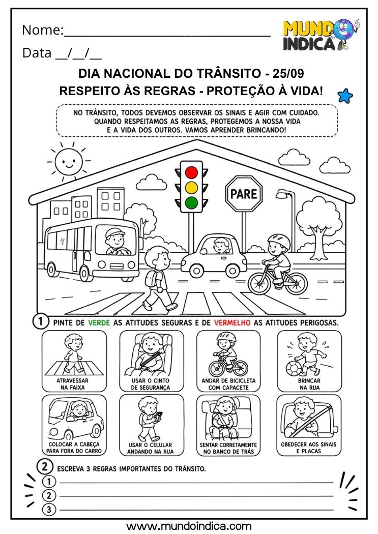 Atividade para o Dia Nacional do Trânsito para Pintar de Verde as Atitudes Seguras e de Vermelho as Perigosas e Escrever 3 Regras Importantes