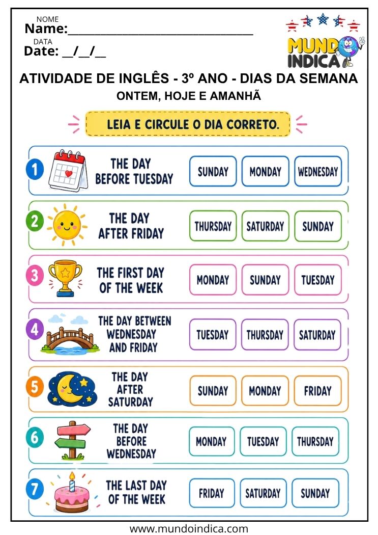 Atividades sobre os dias da semana em inglês (days of the week) para o 3º ano para imprimir