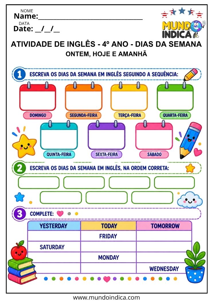 Atividades sobre os dias da semana em inglês (days of the week) para o 4º ano para imprimir