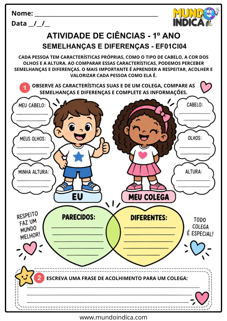 Atividade Adaptada de Ciências 1º ano sobre Semelhanças e Diferenças nas Características Físicas - EF01CI04